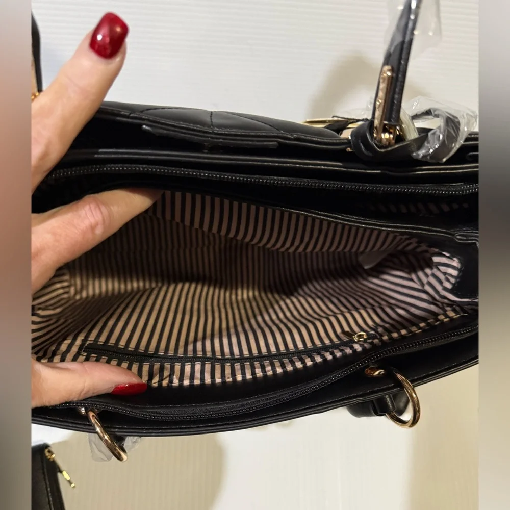 NWT 2PC Black Quilted Handbag with Crossbody Strap, Bag Charm and Wallet